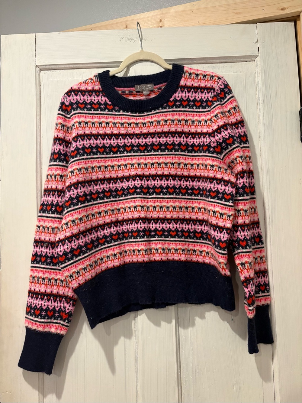 J. Crew Navy, Pink & Red Fair Isle Crewneck Sweater